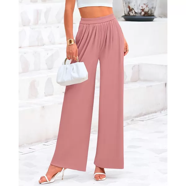 BTFBM Womens Casual Wide Leg Pants Summer Fall Clothes Pleated Elastic Waist Loose Palazzo Knit Trousers with PocketsSolid Dusty Pink