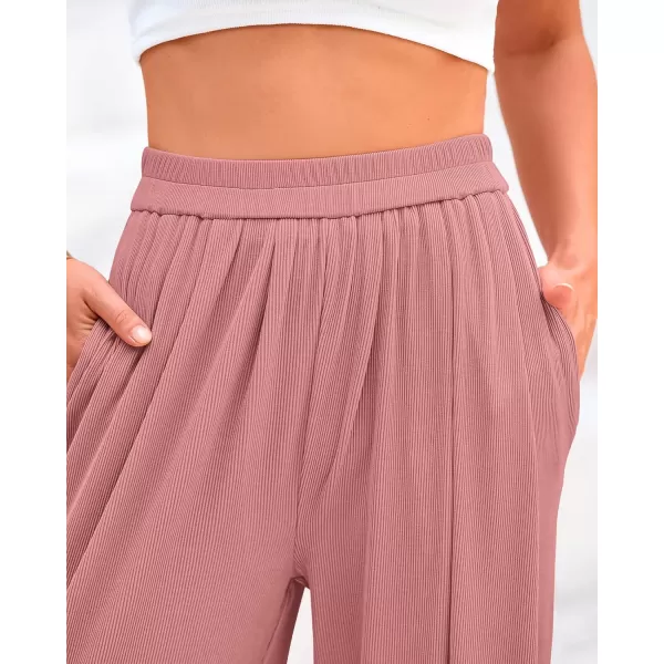 BTFBM Womens Casual Wide Leg Pants Summer Fall Clothes Pleated Elastic Waist Loose Palazzo Knit Trousers with PocketsSolid Dusty Pink