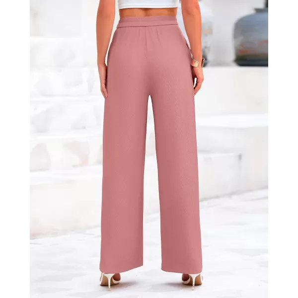 BTFBM Womens Casual Wide Leg Pants Summer Fall Clothes Pleated Elastic Waist Loose Palazzo Knit Trousers with PocketsSolid Dusty Pink