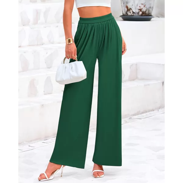 BTFBM Womens Casual Wide Leg Pants Summer Fall Clothes Pleated Elastic Waist Loose Palazzo Knit Trousers with PocketsSolid Green