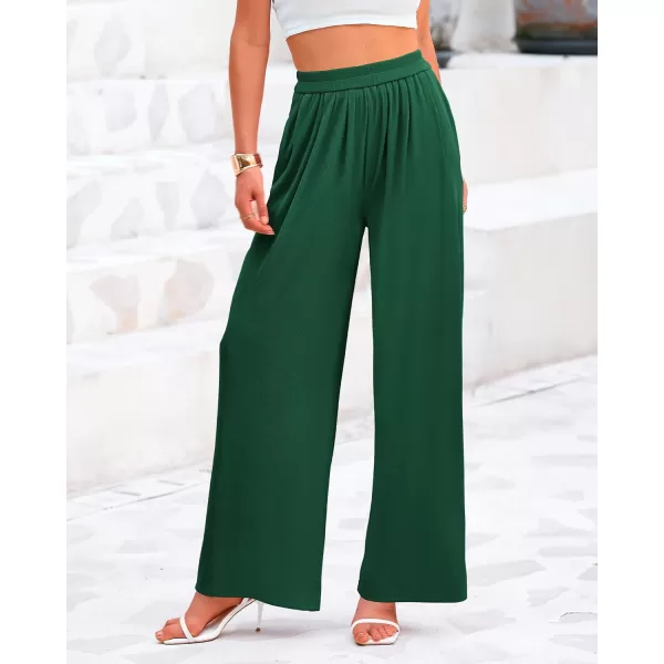 BTFBM Womens Casual Wide Leg Pants Summer Fall Clothes Pleated Elastic Waist Loose Palazzo Knit Trousers with PocketsSolid Green