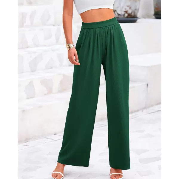 BTFBM Womens Casual Wide Leg Pants Summer Fall Clothes Pleated Elastic Waist Loose Palazzo Knit Trousers with PocketsSolid Green