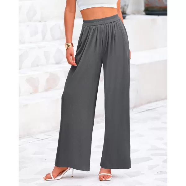 BTFBM Womens Casual Wide Leg Pants Summer Fall Clothes Pleated Elastic Waist Loose Palazzo Knit Trousers with PocketsSolid Grey