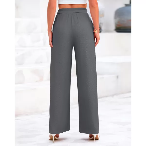 BTFBM Womens Casual Wide Leg Pants Summer Fall Clothes Pleated Elastic Waist Loose Palazzo Knit Trousers with PocketsSolid Grey