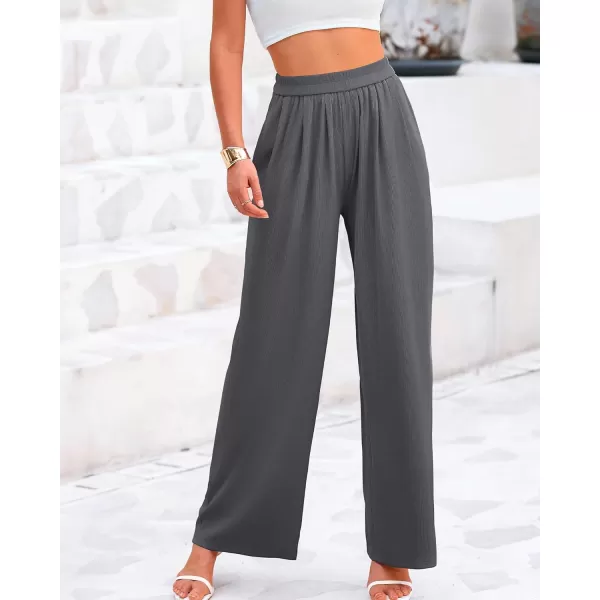 BTFBM Womens Casual Wide Leg Pants Summer Fall Clothes Pleated Elastic Waist Loose Palazzo Knit Trousers with PocketsSolid Grey