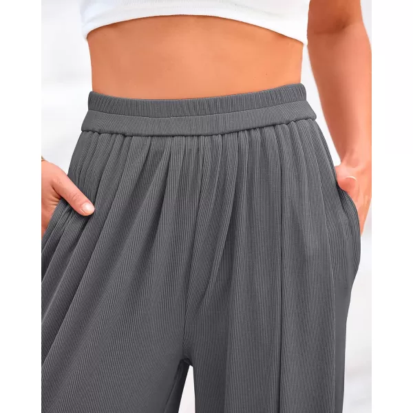 BTFBM Womens Casual Wide Leg Pants Summer Fall Clothes Pleated Elastic Waist Loose Palazzo Knit Trousers with PocketsSolid Grey