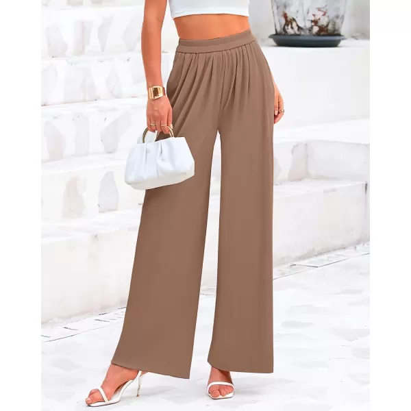 BTFBM Womens Casual Wide Leg Pants Summer Fall Clothes Pleated Elastic Waist Loose Palazzo Knit Trousers with PocketsSolid Khaki