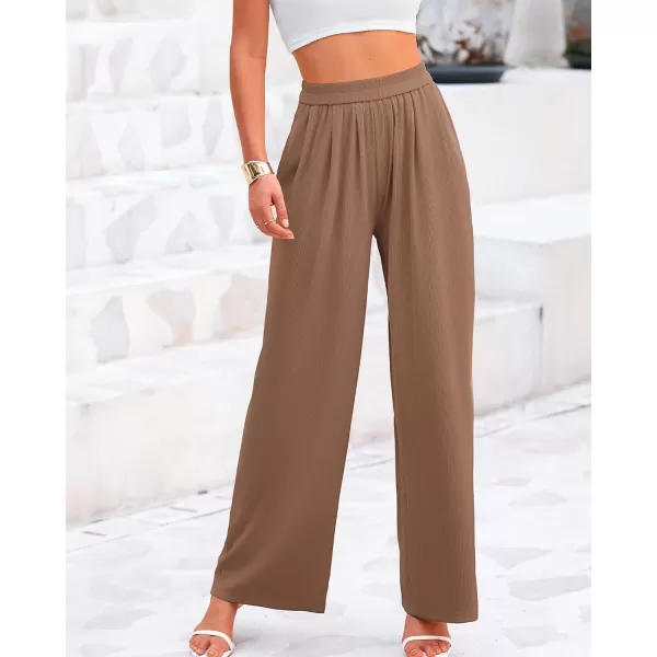 BTFBM Womens Casual Wide Leg Pants Summer Fall Clothes Pleated Elastic Waist Loose Palazzo Knit Trousers with PocketsSolid Khaki