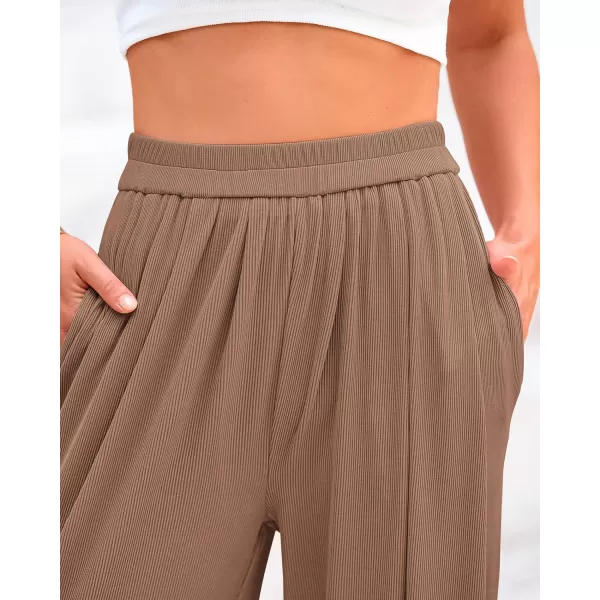 BTFBM Womens Casual Wide Leg Pants Summer Fall Clothes Pleated Elastic Waist Loose Palazzo Knit Trousers with PocketsSolid Khaki