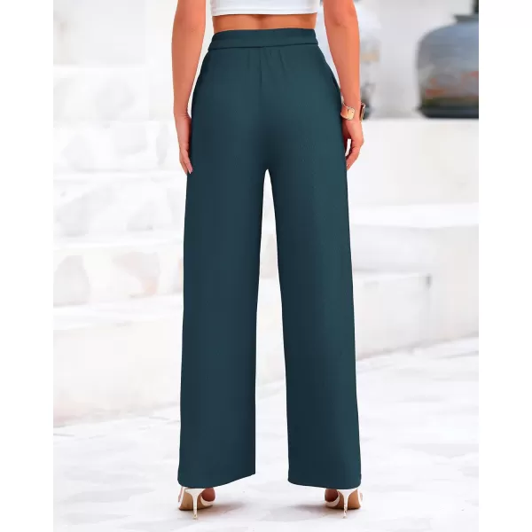 BTFBM Womens Casual Wide Leg Pants Summer Fall Clothes Pleated Elastic Waist Loose Palazzo Knit Trousers with PocketsSolid Lake Blue