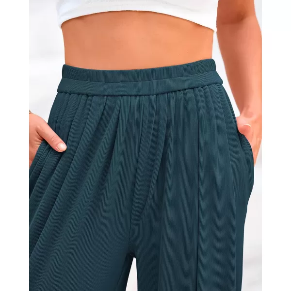 BTFBM Womens Casual Wide Leg Pants Summer Fall Clothes Pleated Elastic Waist Loose Palazzo Knit Trousers with PocketsSolid Lake Blue