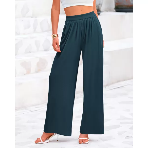 BTFBM Womens Casual Wide Leg Pants Summer Fall Clothes Pleated Elastic Waist Loose Palazzo Knit Trousers with PocketsSolid Lake Blue