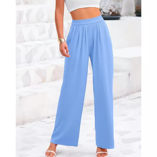 BTFBM Womens Casual Wide Leg Pants Summer Fall Clothes Pleated Elastic Waist Loose Palazzo Knit Trousers with PocketsSolid Light Blue