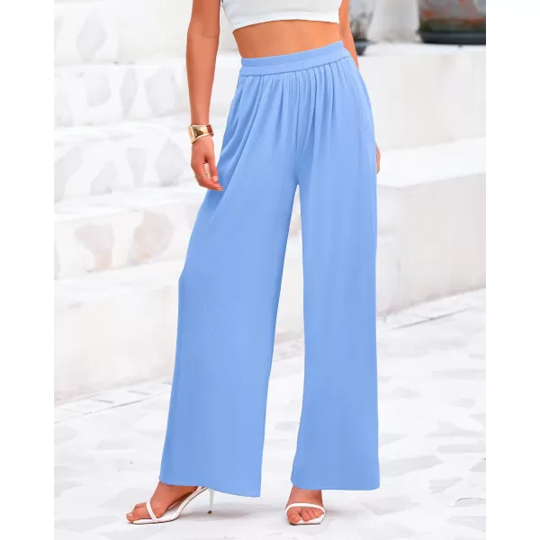BTFBM Womens Casual Wide Leg Pants Summer Fall Clothes Pleated Elastic Waist Loose Palazzo Knit Trousers with PocketsSolid Light Blue