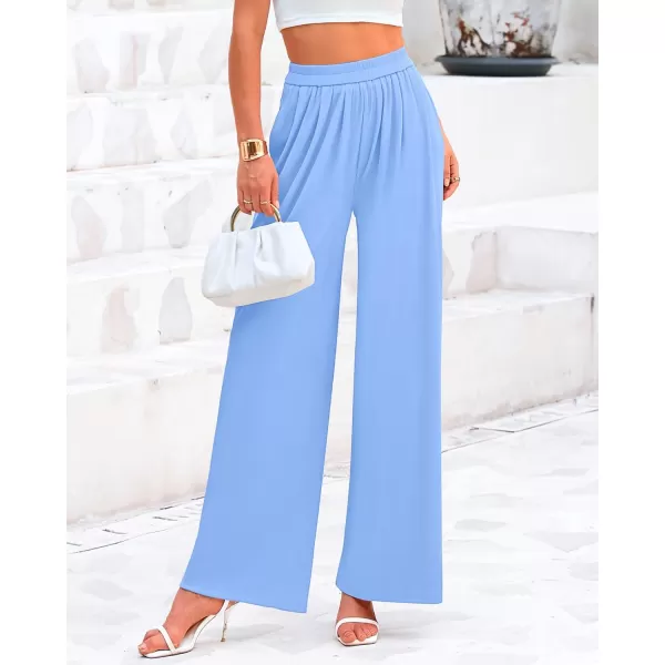 BTFBM Womens Casual Wide Leg Pants Summer Fall Clothes Pleated Elastic Waist Loose Palazzo Knit Trousers with PocketsSolid Light Blue