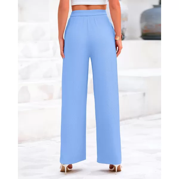 BTFBM Womens Casual Wide Leg Pants Summer Fall Clothes Pleated Elastic Waist Loose Palazzo Knit Trousers with PocketsSolid Light Blue