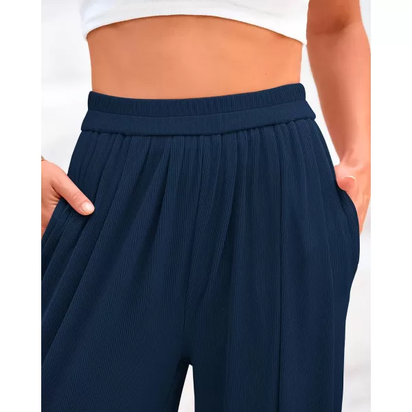 BTFBM Womens Casual Wide Leg Pants Summer Fall Clothes Pleated Elastic Waist Loose Palazzo Knit Trousers with PocketsSolid Navy