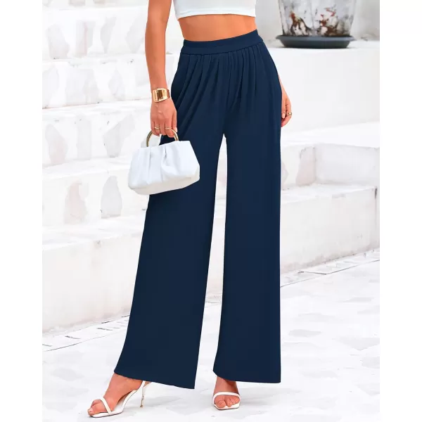 BTFBM Womens Casual Wide Leg Pants Summer Fall Clothes Pleated Elastic Waist Loose Palazzo Knit Trousers with PocketsSolid Navy