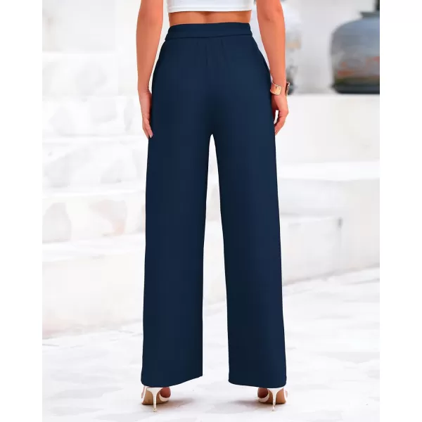 BTFBM Womens Casual Wide Leg Pants Summer Fall Clothes Pleated Elastic Waist Loose Palazzo Knit Trousers with PocketsSolid Navy