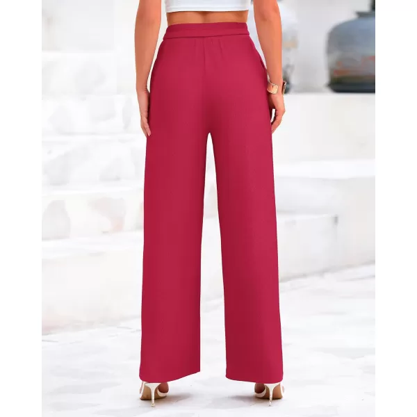 BTFBM Womens Casual Wide Leg Pants Summer Fall Clothes Pleated Elastic Waist Loose Palazzo Knit Trousers with PocketsSolid Rose Red