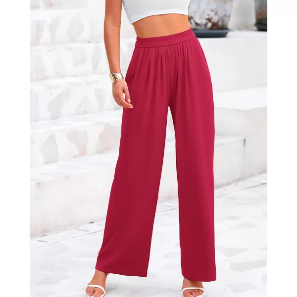 BTFBM Womens Casual Wide Leg Pants Summer Fall Clothes Pleated Elastic Waist Loose Palazzo Knit Trousers with PocketsSolid Rose Red
