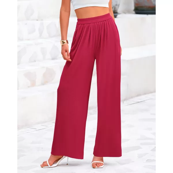 BTFBM Womens Casual Wide Leg Pants Summer Fall Clothes Pleated Elastic Waist Loose Palazzo Knit Trousers with PocketsSolid Rose Red