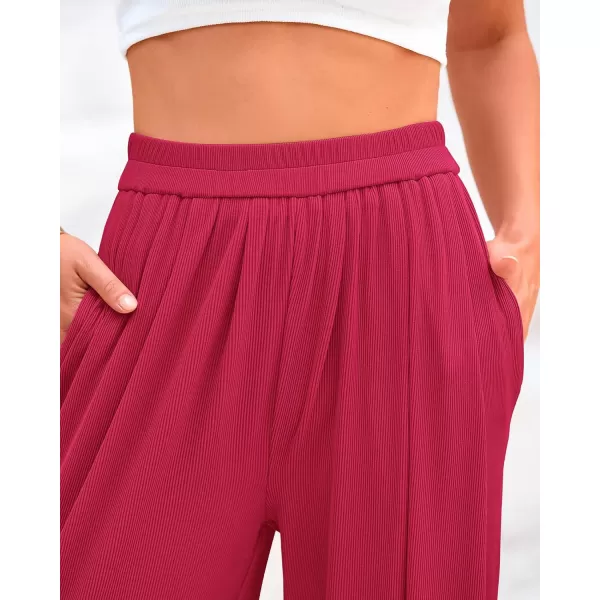 BTFBM Womens Casual Wide Leg Pants Summer Fall Clothes Pleated Elastic Waist Loose Palazzo Knit Trousers with PocketsSolid Rose Red