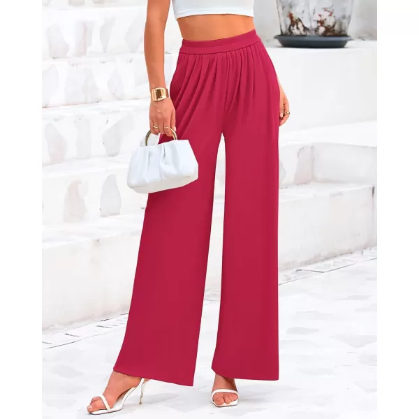 BTFBM Womens Casual Wide Leg Pants Summer Fall Clothes Pleated Elastic Waist Loose Palazzo Knit Trousers with PocketsSolid Rose Red