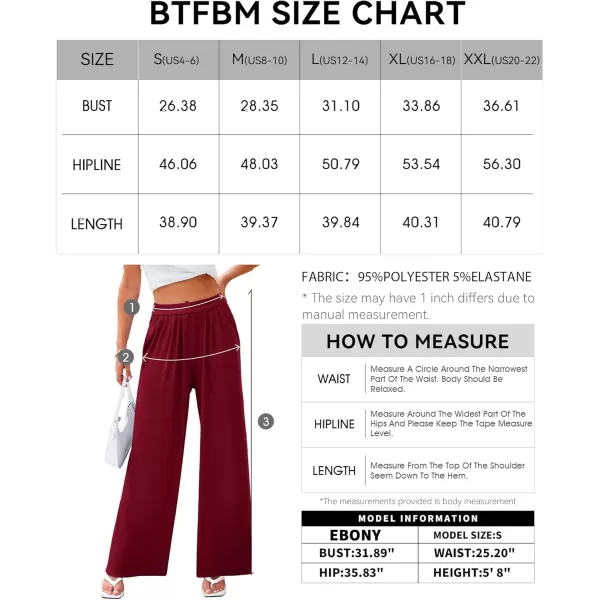 BTFBM Womens Casual Wide Leg Pants Summer Fall Clothes Pleated Elastic Waist Loose Palazzo Knit Trousers with PocketsSolid Wine Red