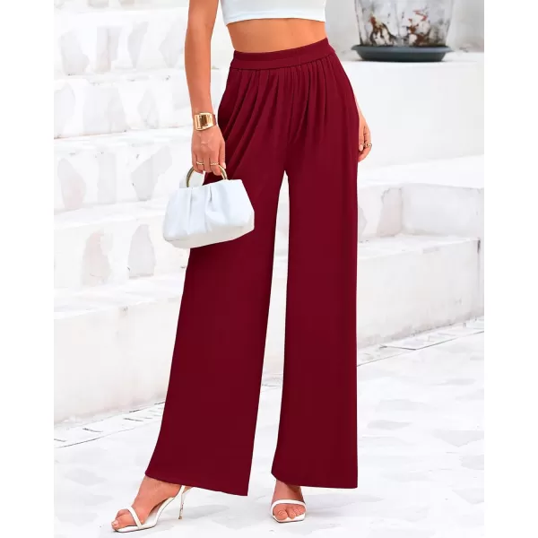 BTFBM Womens Casual Wide Leg Pants Summer Fall Clothes Pleated Elastic Waist Loose Palazzo Knit Trousers with PocketsSolid Wine Red