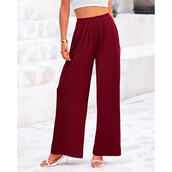 BTFBM Womens Casual Wide Leg Pants Summer Fall Clothes Pleated Elastic Waist Loose Palazzo Knit Trousers with PocketsSolid Wine Red