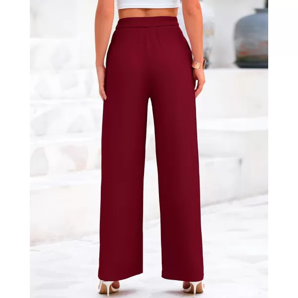 BTFBM Womens Casual Wide Leg Pants Summer Fall Clothes Pleated Elastic Waist Loose Palazzo Knit Trousers with PocketsSolid Wine Red