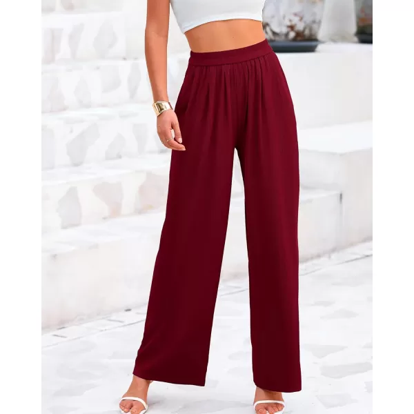 BTFBM Womens Casual Wide Leg Pants Summer Fall Clothes Pleated Elastic Waist Loose Palazzo Knit Trousers with PocketsSolid Wine Red