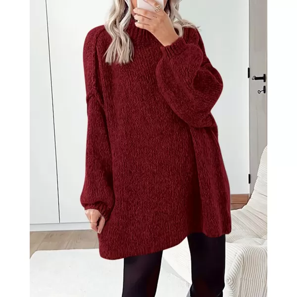BTFBM Womens Long Pullover Sweaters 2024 Fall Winter Mock Neck Long Sleeve Thick Oversized Casual Knitted Jumper TopsWine Red