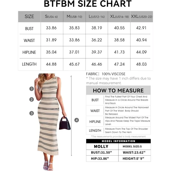 BTFBM Womens Sleeveless Summer Dresses 2024 Crew Neck Casual Sundress Hollow Out Side Slit Bodycon Knit Long Tank DressStriped Apricot