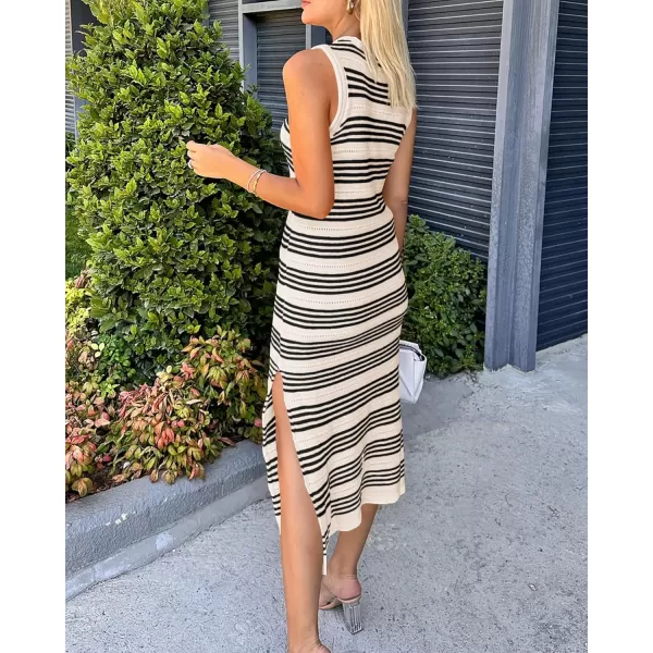 BTFBM Womens Sleeveless Summer Dresses 2024 Crew Neck Casual Sundress Hollow Out Side Slit Bodycon Knit Long Tank DressStriped Apricot