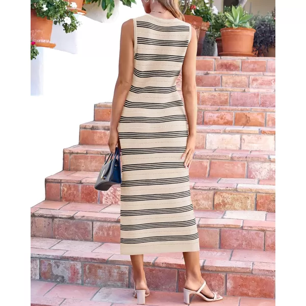 BTFBM Womens Sleeveless Summer Dresses 2024 Crew Neck Casual Sundress Hollow Out Side Slit Bodycon Knit Long Tank DressStriped Apricot