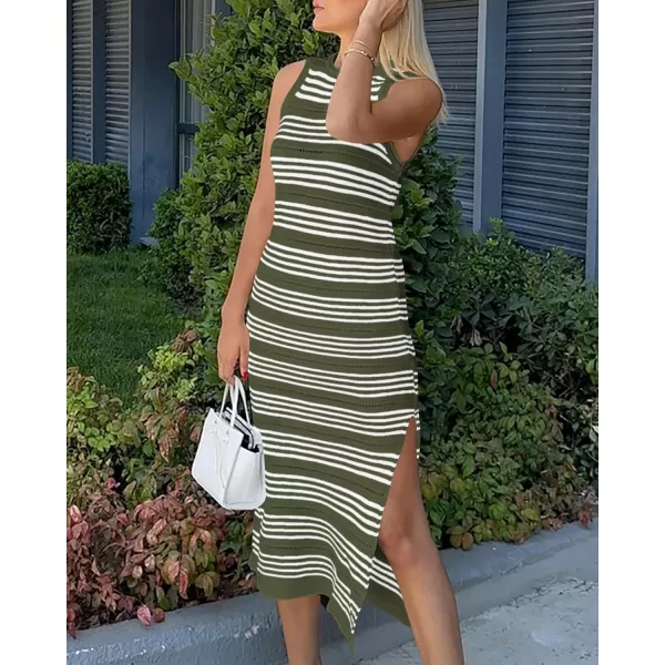 BTFBM Womens Sleeveless Summer Dresses 2024 Crew Neck Casual Sundress Hollow Out Side Slit Bodycon Knit Long Tank DressStriped Army Green