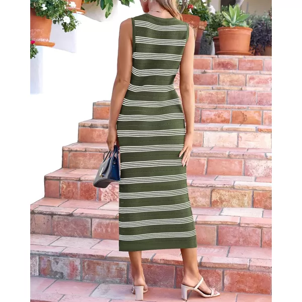 BTFBM Womens Sleeveless Summer Dresses 2024 Crew Neck Casual Sundress Hollow Out Side Slit Bodycon Knit Long Tank DressStriped Army Green