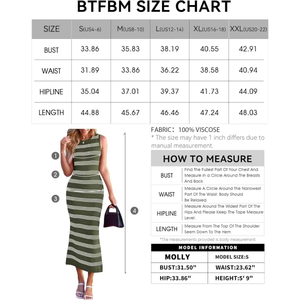 BTFBM Womens Sleeveless Summer Dresses 2024 Crew Neck Casual Sundress Hollow Out Side Slit Bodycon Knit Long Tank DressStriped Army Green