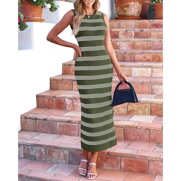 BTFBM Womens Sleeveless Summer Dresses 2024 Crew Neck Casual Sundress Hollow Out Side Slit Bodycon Knit Long Tank DressStriped Army Green