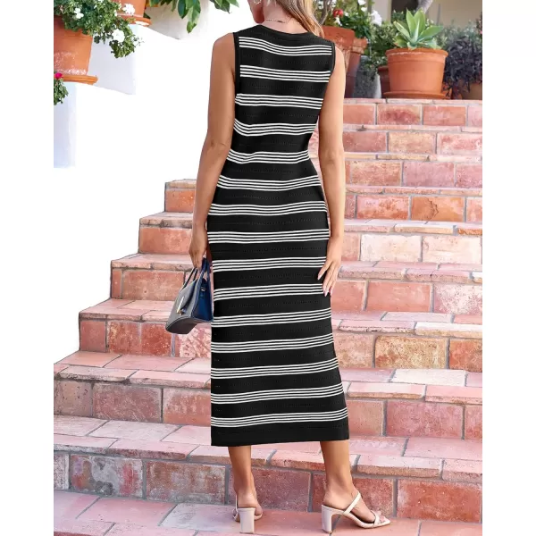 BTFBM Womens Sleeveless Summer Dresses 2024 Crew Neck Casual Sundress Hollow Out Side Slit Bodycon Knit Long Tank DressStriped Black