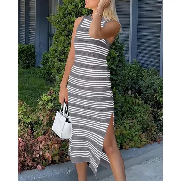 BTFBM Womens Sleeveless Summer Dresses 2024 Crew Neck Casual Sundress Hollow Out Side Slit Bodycon Knit Long Tank DressStriped Grey