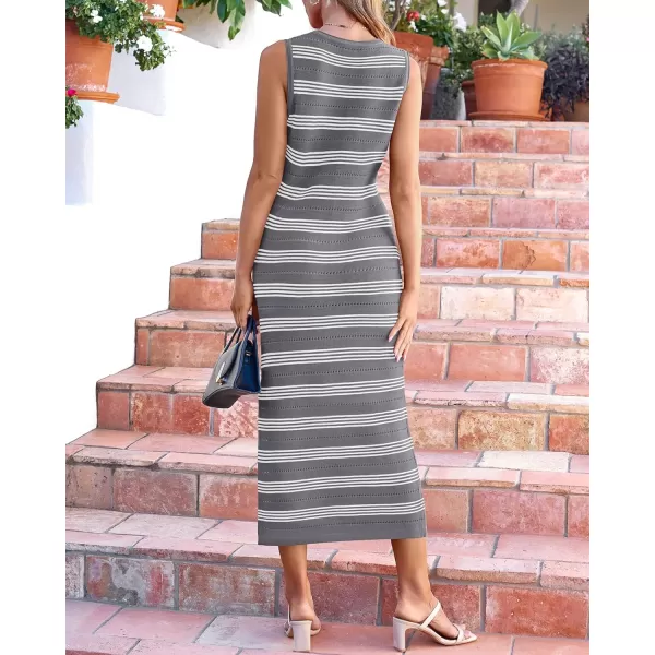 BTFBM Womens Sleeveless Summer Dresses 2024 Crew Neck Casual Sundress Hollow Out Side Slit Bodycon Knit Long Tank DressStriped Grey