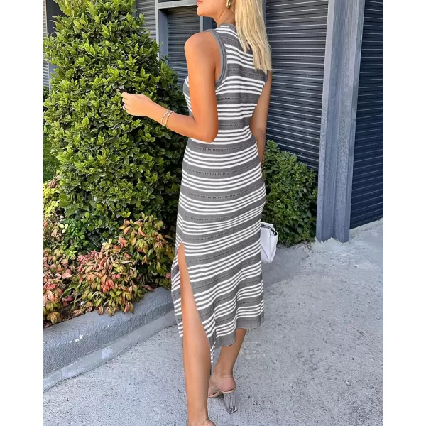 BTFBM Womens Sleeveless Summer Dresses 2024 Crew Neck Casual Sundress Hollow Out Side Slit Bodycon Knit Long Tank DressStriped Grey