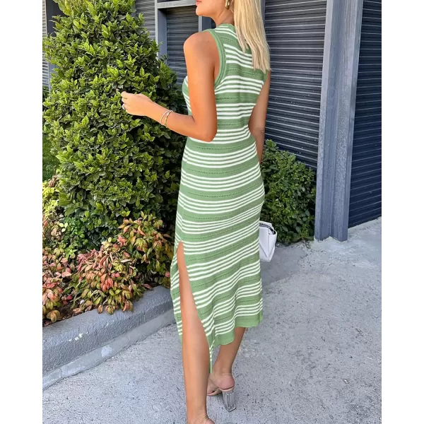 BTFBM Womens Sleeveless Summer Dresses 2024 Crew Neck Casual Sundress Hollow Out Side Slit Bodycon Knit Long Tank DressStriped Light Green