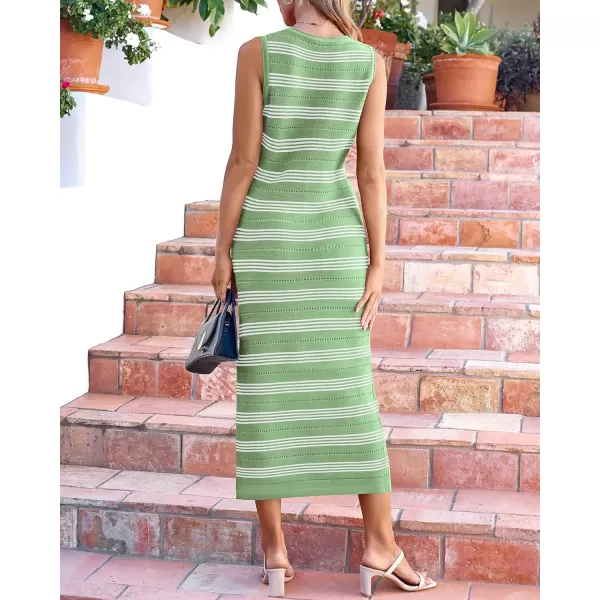BTFBM Womens Sleeveless Summer Dresses 2024 Crew Neck Casual Sundress Hollow Out Side Slit Bodycon Knit Long Tank DressStriped Light Green