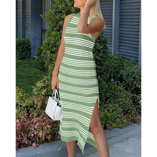 BTFBM Womens Sleeveless Summer Dresses 2024 Crew Neck Casual Sundress Hollow Out Side Slit Bodycon Knit Long Tank DressStriped Light Green
