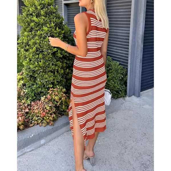 BTFBM Womens Sleeveless Summer Dresses 2024 Crew Neck Casual Sundress Hollow Out Side Slit Bodycon Knit Long Tank DressStriped Rust Red