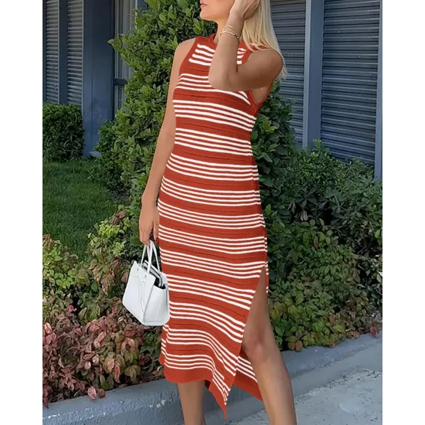 BTFBM Womens Sleeveless Summer Dresses 2024 Crew Neck Casual Sundress Hollow Out Side Slit Bodycon Knit Long Tank DressStriped Rust Red